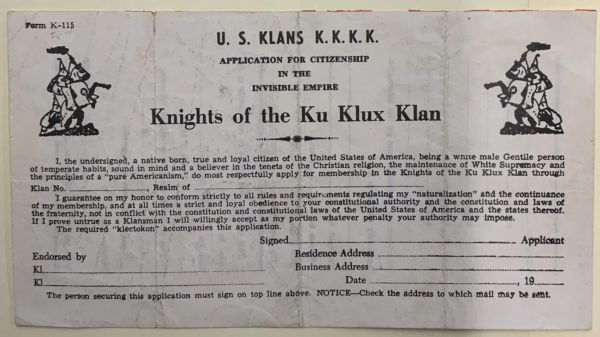 Form K-115 Form K-115, Ku Klux Klan Collection